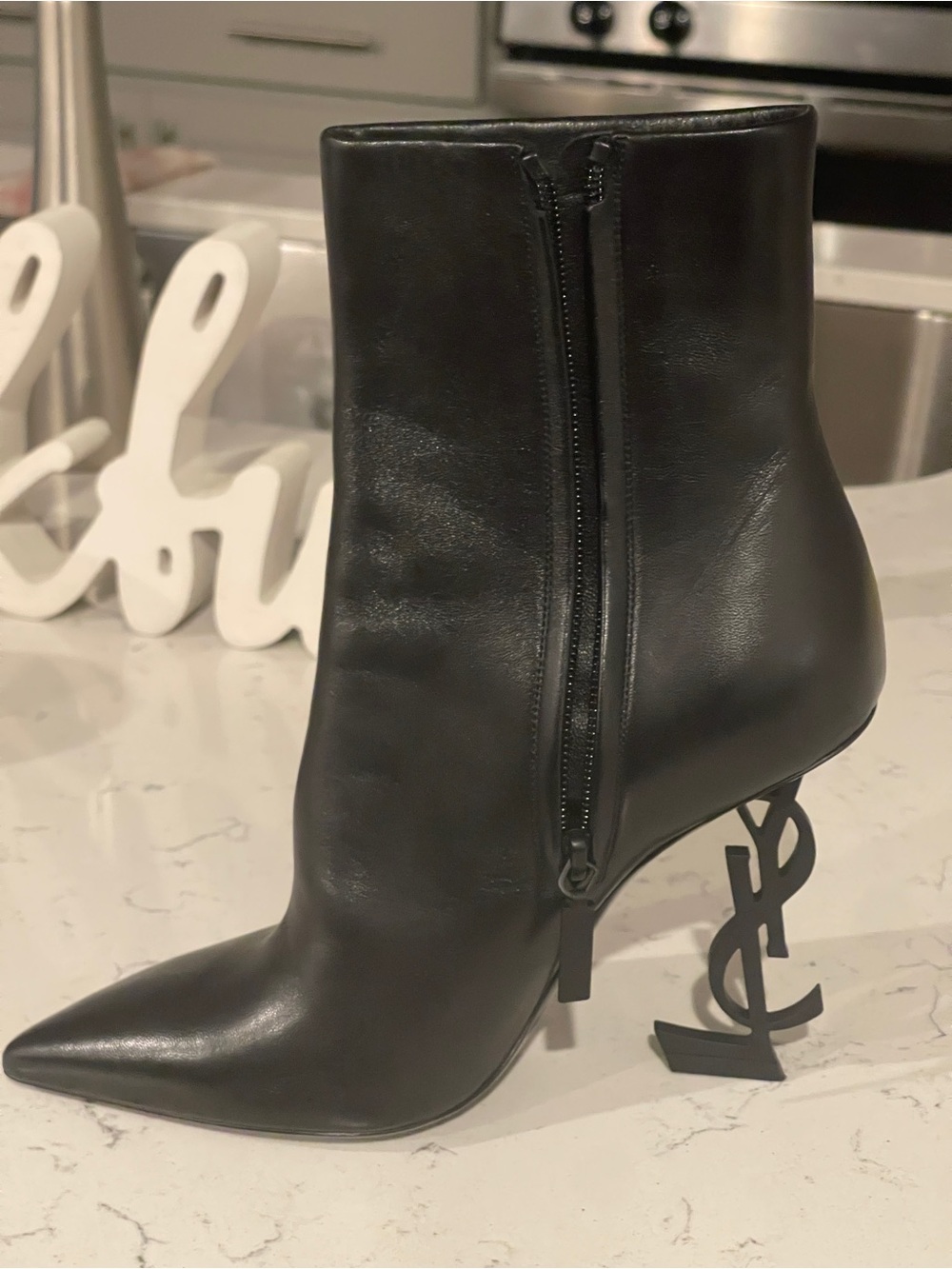 Saint Laurent Black Leather Logo-Heel Ankle Boots ~never worn in box~